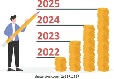 Economic prospects in 2025. Visionary looking future with spyglass. Smart businesswoman look through binoculars at growing chart.