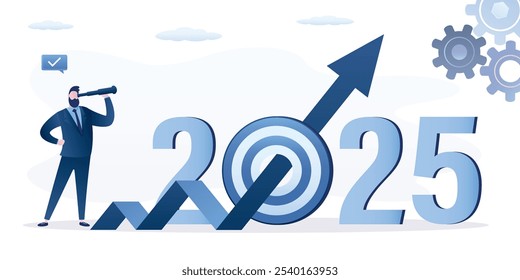 Wirtschaftliche Aussichten im Jahr 2025. Visionär aussehende Zukunft mit spyglass. Intelligenter Geschäftsmann schaut durch das Fernglas auf wachsende Chart. Geschäftschancen und Ziele oder Ziele. Vektorgrafik