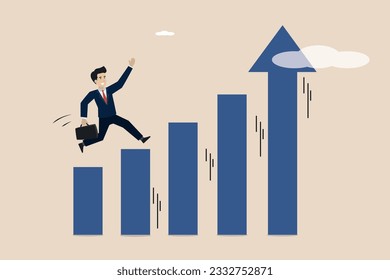 Economic prosperity, business profit growth or career path, confident smart businessman jumping up bar graph with up arrow as ladder of success.