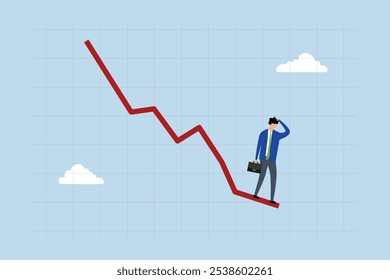 Recesión económica, hombre de negocios inversor observa como el gráfico rojo cae, en busca de la parte inferior. 