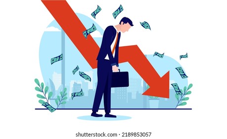 Economic recession - Businessman losing money in financial crisis and falling economy. Flat design vector illustration with white background