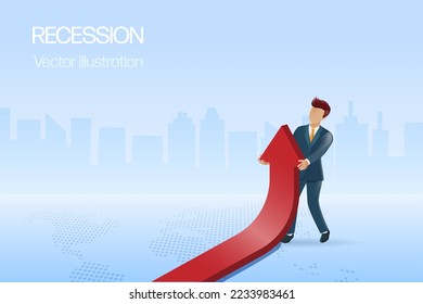 Economic recession crisis concept. Businessmen pull up business graph. Business struggling due to world economic crisis and global recession.3D vector.