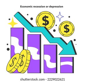 La recesión económica o la depresión causan desempleo. Factores económicos que afectan al mercado laboral. El problema social de la ocupación, la oferta de empleo y la reducción del número de puestos de trabajo. Ilustración vectorial plana