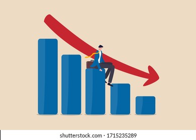 Economic recession, financial crisis or stock market crash due to COVID-19 Coronavirus pandemic concept, unemployed businessman investor or business owner sitting on falling down bar graph, red arrow.