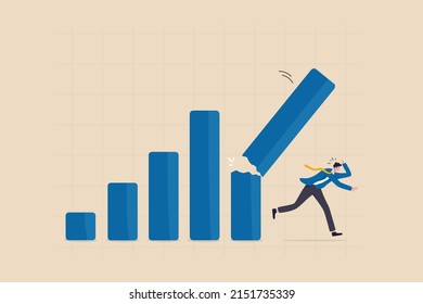 Economic recession from high inflation, stock market crash, crisis or depression, investment risk or price drop causing money loss concept, fear businessman investor run away from collapsing graph.