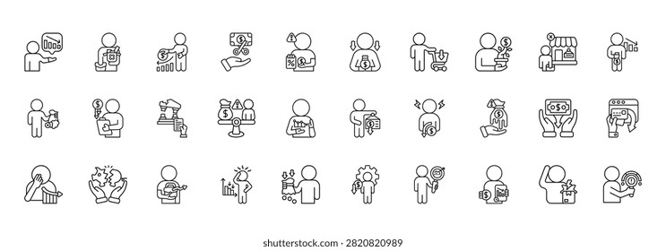 Economic Recession Icon set Collection in Line Style. crisis, inflation, deflation, debt, budget, revenue, profit, market