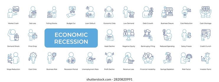 Economic Recession Icon set Collection in Line Two Color Style. crisis, inflation, deflation, debt, budget, revenue, profit, market