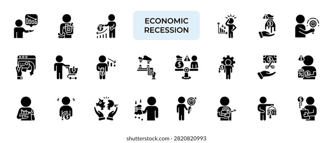 Economic Recession Icon set Collection in Solid Glyph Style. crisis, inflation, deflation, debt, budget, revenue, profit, market
