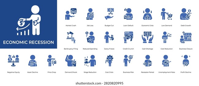 Economic Recession Icon set Collection in Glyph Two Color Style. crisis, inflation, deflation, debt, budget, revenue, profit, market