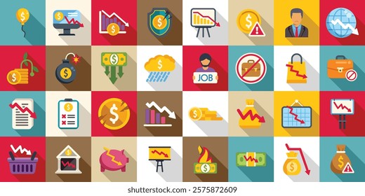 Economic recession icons set. Set of flat design icons representing concepts related to economic downturn, unemployment and financial crisis