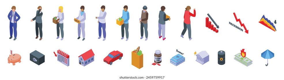 Economic recession icons set isometric vector. Money finance. Management indicator