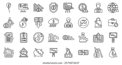 Economic recession icons set. Set of vector icons representing financial crisis, economic recession, inflation and global markets declining