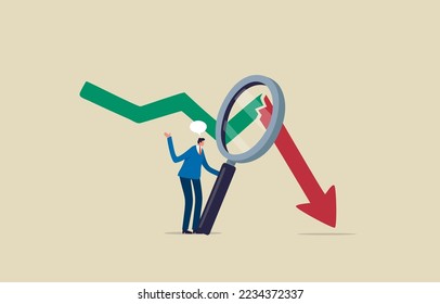 Economic recession, profit and loss, business and finance, crisis. Recession data and analyze. 
Businessman analyst uses magnifying glass to break red graph arrows. illustration