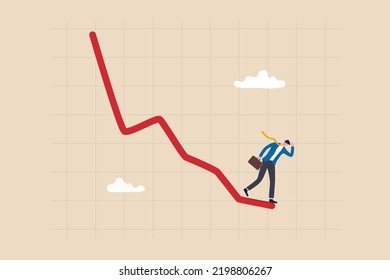 Economic recession, stock market plunge or falling down, cryptocurrency crash or financial crisis from inflation concept, businessman investor standing on falling down red graph look for bottom.