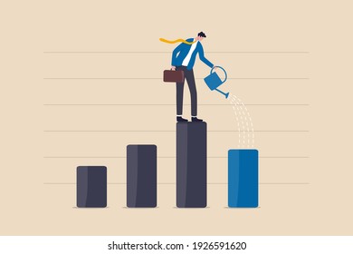 Economic recover from money stimulus, leadership to grow business, investment growth or profit and earning concept, businessman leader standing on profit bar graph watering this year growing bar chart