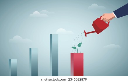 Economic recover from money stimulus, leadership to grow business, investment growth or profit and earning concept, businessman watering growing bar chart