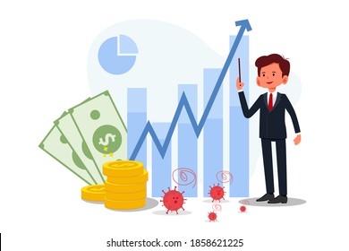 Economic recovery after Coronavirus COVID-19 crisis, post pandemic concept, working businessman investor or company leader walking on Coronavirus pathogen to growing up economic bar graph arrow up.
