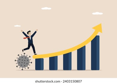 Economic recovery after Coronavirus COVID-19 crisis, post pandemic concept, working businessman investor or company leader walking on Coronavirus pathogen to growing up economic bar graph arrow up.