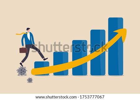 Economic recovery after Coronavirus COVID-19 crisis, post pandemic concept, working businessman investor or company leader walking on Coronavirus pathogen to growing up economic bar graph arrow up.