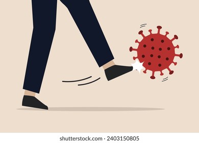 Economic recovery after the COVID-19 coronavirus crisis, post pandemic concept, businessman investor or company leader kicking the coronavirus pathogen to recover the economy.