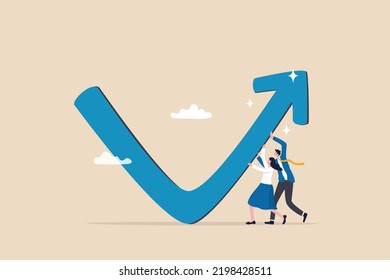 Economic recovery, bouncing from crisis or company return from loss to make profit, growth and success, business challenge in recession, business people help push falling arrow to rising up direction.