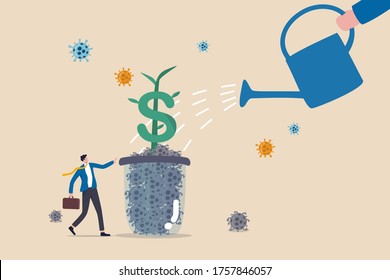 Economic recovery or business and financial market return to normal and growing concept, business owner standing and watering dollar sign plant growing from glass of dead Coronavirus COVID-19 pathogen