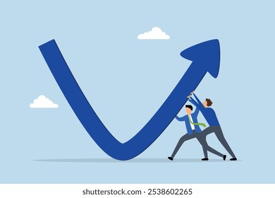 Economic recovery, Business professionals assist in elevating a descending arrow towards an upward trajectory. 