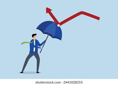 Economic recovery, businessman with a strong umbrella to return a red arrow.