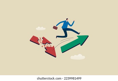 Economic Recovery. Change from down turn to rising. Businessman jumping from falling arrow to rising arrow. Illustration