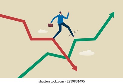 Economic Recovery. Change from loss to profit. Portfolio adjustment in economic crisis or stock market. Businessman jumping from falling arrow to rising arrow. Illustration