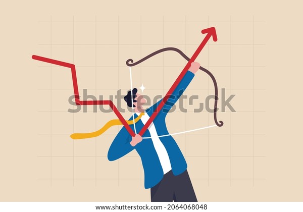 Economic recovery, change to rising up profit or\
growth, fed interest rate hike, inflation rising up concept,\
confidence businessman federal reserve turn down trend graph to be\
rising up with his\
bow.