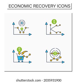 Economic Recovery Color Icons Set. Economy Expansion, Growth Consumer Demand, K, W Shaped Recovery. Growth Period. Business Concept. Isolated Vector Illustrations