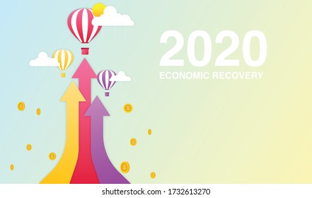 Economic recovery concept arrow up to the sky with air balloon and coins