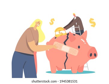 Economic Recovery Concept. Business People Characters Try to Survive during Global Crisis. Businesswoman Stick Patch on Broken Piggy Bank, Man Put Coin in Money Box. Cartoon Vector Illustration