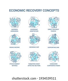 Economic recovery concept icons set. Business cycle after recession idea thin line RGB color illustrations. Purchasing manager index. Vector isolated outline drawings. Editable stroke