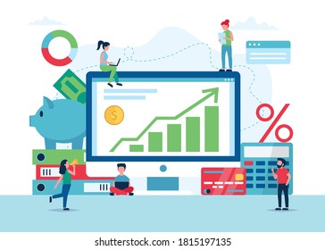 Economic recovery concept, stock market graph going up, financial growth. Small people characters.