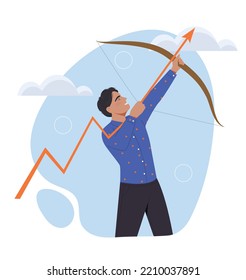 Economic Recovery Concept. Young Guy Shoots Arrow Upward From Bow. Financial Literacy, Leadership. Hardworking And Successful Entrepreneur. Poster Or Banner. Cartoon Flat Vector Illustration