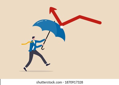 Economic Recovery From COVID-19 Crisis, Business Protection Or Stock Market Bounce Back From Recession Concept, Smart Confidence Businessman Holding Strong Umbrella To Recover Red Arrow Economic Graph