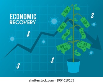 economic recovery for covid19 poster with virus particles and dollars plant in statistics arrow vector illustration design