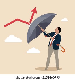 Economic Recovery From Crisis, Business Protection Or Stock Market Bounce Back From Recession Concept, Smart Confidence Businessman Holding Strong Umbrella To Recover Red Arrow Economic Graph