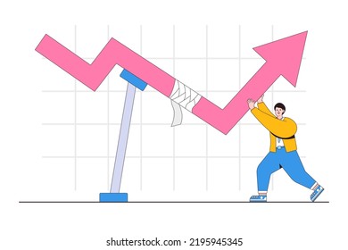 Economic recovery, crisis management, rising up stock market indicator, business adaptation concepts. Businessman investor or leader repair broken arrows using bandage and prevent down trend graph.