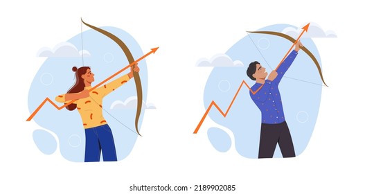 Economic recovery. Entrepreneurs point financial arrow or statistics upwards. Male and female investors increase profits or income. Revenue growth. Cartoon flat vector set isolated on white background