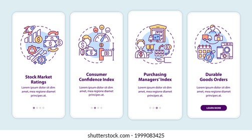 Economic recovery indicators onboarding mobile app page screen with concepts. Help market observer walkthrough 4 steps graphic instructions. UI vector template with RGB color illustrations