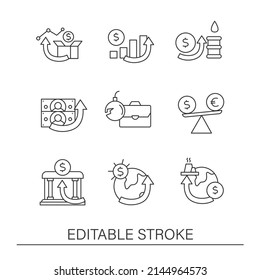 Economic recovery line icons set. Prosperity of the global economy. Profitable business. World market concepts. Isolated vector illustrations.Editable stroke