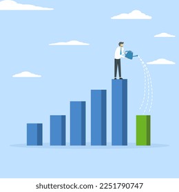 Economic recovery from money stimulus, leadership to grow business, business leader standing on profit bar chart watering this year bar chart growth, investment growth or profit and income concept.