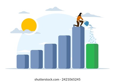 Economic recovery from money stimulus, leadership to develop business, business leader standing on profit bar graph irrigating bar graph growth of the year, investment growth or profit and income.