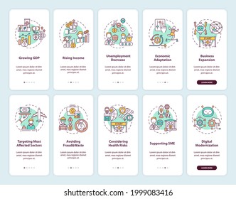 Economic recovery onboarding mobile app page screen with concepts set. Considering health risks walkthrough 5 steps graphic instructions. UI vector template with RGB color illustrations