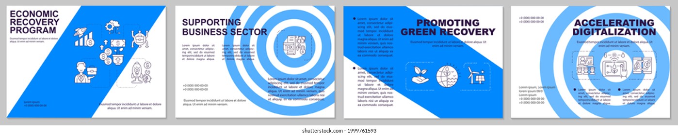 Plantilla de folleto del programa de recuperación económica. Promoción de la recuperación ecológica. Volante, folleto, folleto impreso, diseño de portada con iconos lineales. Diseños vectoriales para revistas, informes anuales, afiches publicitarios