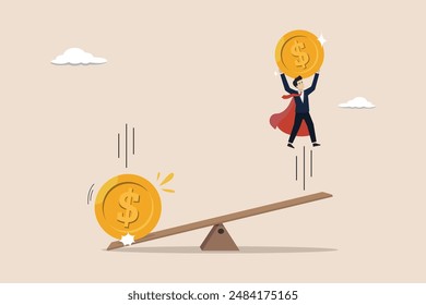 Economic recovery, recovering from the crisis, central banks injecting businesses, large amounts of dollar coins falling on the seesaw to increase businessmen carrying dollar coins.