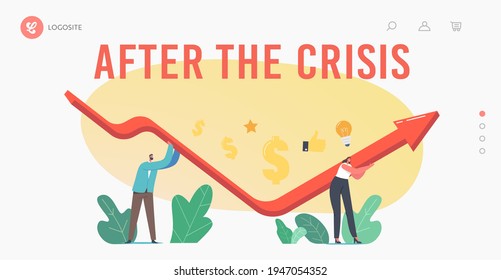 Economic Recovery, Revival after Crisis Landing Page Template. Business Characters Rising Up V Shaped Arrow Graph Trying to Survive during Global Crisis Impact. Cartoon People Vector Illustration